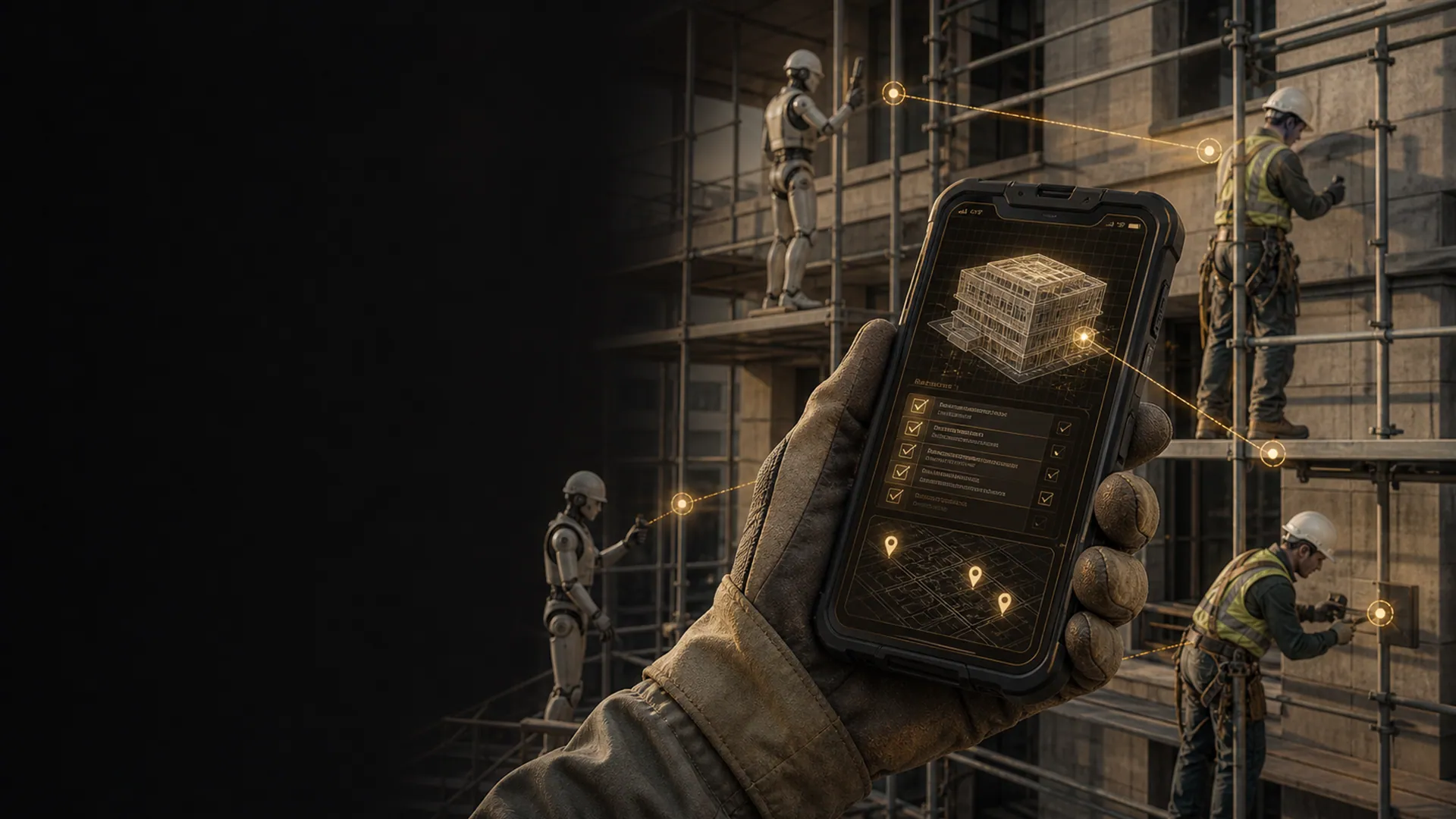 Parta hlásí z lešení do mobilu, agent hlídá průběh