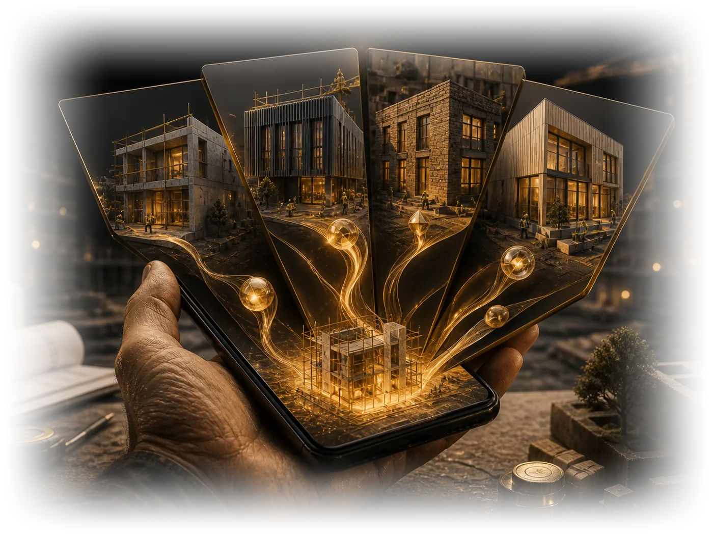 Stavbyvedoucí na stavbě drží telefon — nad ním svítí hologram stavby a zvuková stopa hlasového hlášení
